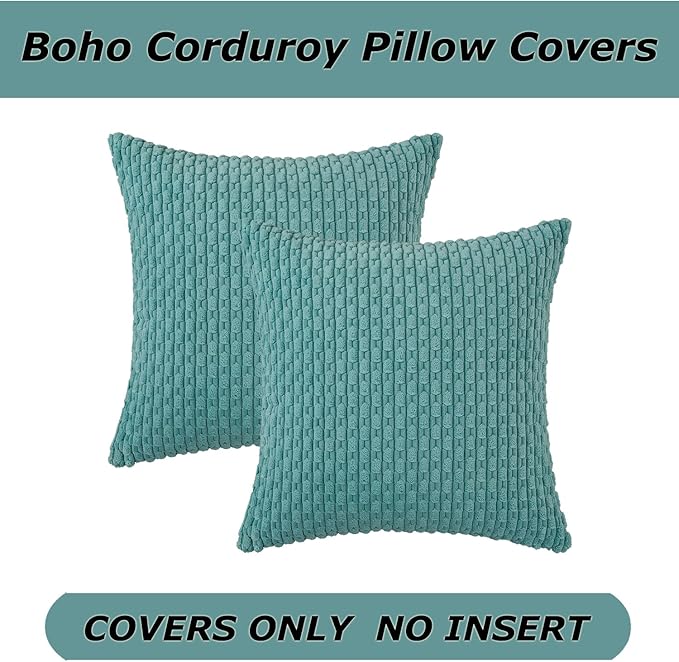 Kevin Textile Throw Pillow Covers Soft Corduroy Decorative Set of 2 Boho Striped Pillow Covers Pillowcases Farmhouse Home Decor for Couch Bed Sofa Living Room 16x16 Inch Aqua Green