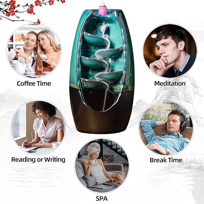 INONE Ceramic Incense Burner with 100 Upgraded Cones, Waterfall Backflow Incense Holder, Aromatherapy Ornament, Zen Decor, Home Decor, Room Decor (Cyan)