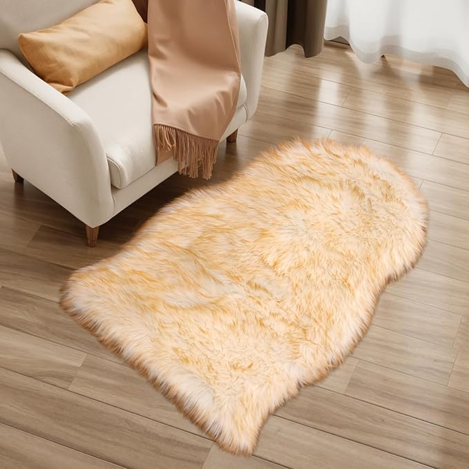 Ciicool Faux Sheepskin Rugs Soft Faux Fur Rug White Gradient Brown Fluffy Chair Couch Cover Fuzzy Carpet for Bedroom Floor Sofa Living Room 2x3 Feet