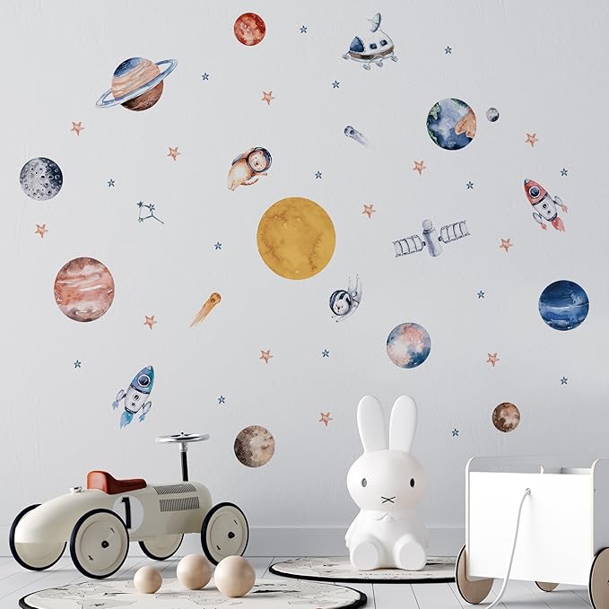 Solar System Wall Decals for Kids - Planets and Space Themed Wall Stickers by Lipastick - Peel and Stick Vinyl Decals for Boys and Girls Bedroom, Nursery, Playroom, Daycare - M Size