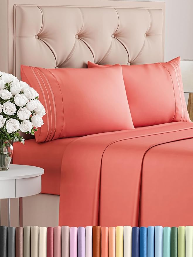 Cal King Size 4 Piece Sheet Set - Comfy Breathable & Cooling Bed Sheets Set - Hotel Luxury Bedding for Women, Men, Kids, Teens, Boys & Girls - Deep Pockets, Ultra-Soft, Wrinkle Free - Oeko-Tex - Coral