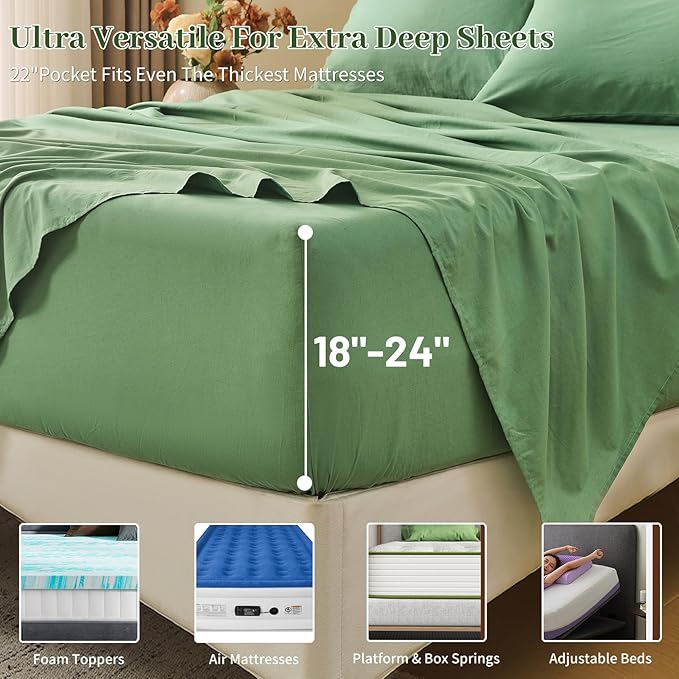 MEISHANG 100% French Pure Linen Sheets King Size - Extra Deep Pocket Sheet Set, Soft Durable Flax Linen, Anti-Tear Breathable & Oeko-Tex Certified 18-24 Deep Pocket,All Season(Sage Green)