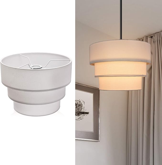 EDISLIVE 3-tier Drum Linen Lamp Shade for Pendant Lamp Floor Lamp Chandelier Replacement Shade Clip on Bulb Classic Round Lampshade Cover Only