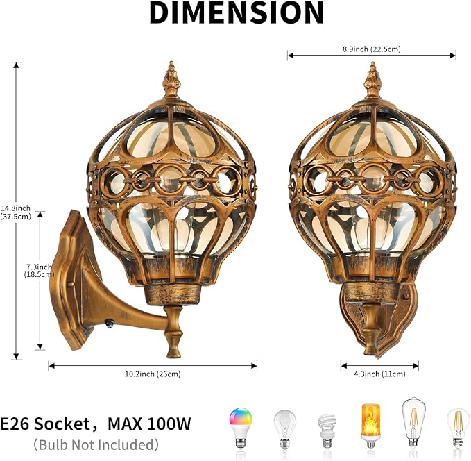 Dusk to Dawn Outdoor Wall Light Fixtures, Gold Exterior Aluminum Waterproof Porch Lights, Globe Anti-Rust Outside Sconce Lantern Wall Mount with Amber Glass for Patio Backyard Garage Doorway, 2 Pack