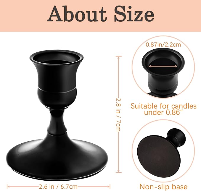 Vintage Black Taper Candle Holders, Set of 12, Metal Taper Candlestick Holder for Dinner Room Table Centerpiece, Wedding Reception, Festive,Mantel Decoration, Home Decor (Black, Set of 12)
