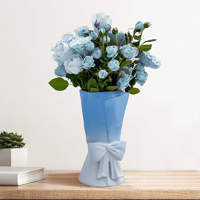 Gradient Blue White Ceramic Bow Vase 9.64 in Unique Cute Modern Decorative Bouquet Flower Vases for Home Living Room Table Decor Women Girl Gifts