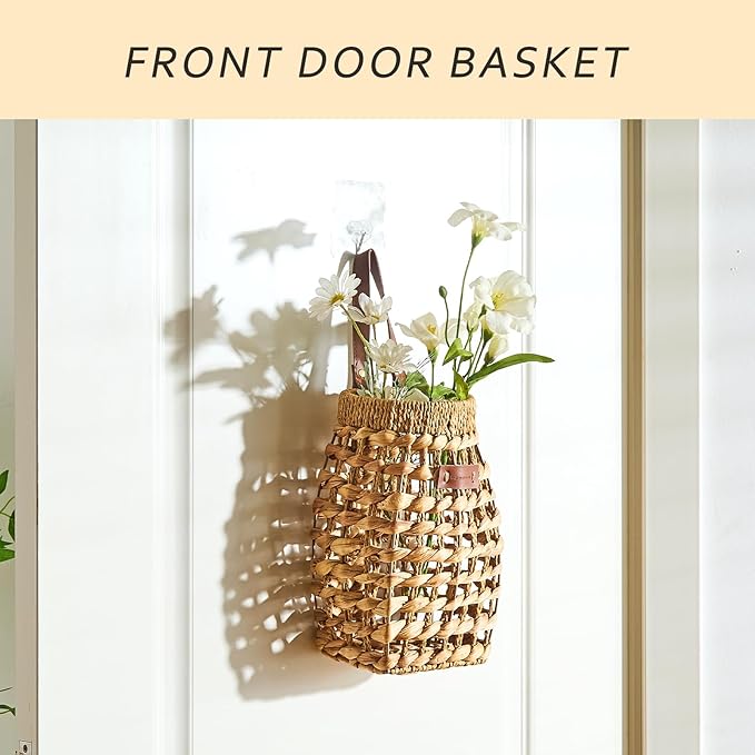 Woven Front Door Basket Water Hyacinth Wall Hanging Basket Decorative Boho Mounted Organizer for Dried Flower Plants Storage Basket for Garden, Home, and Farmhouse Décor (C_Hyacinth)