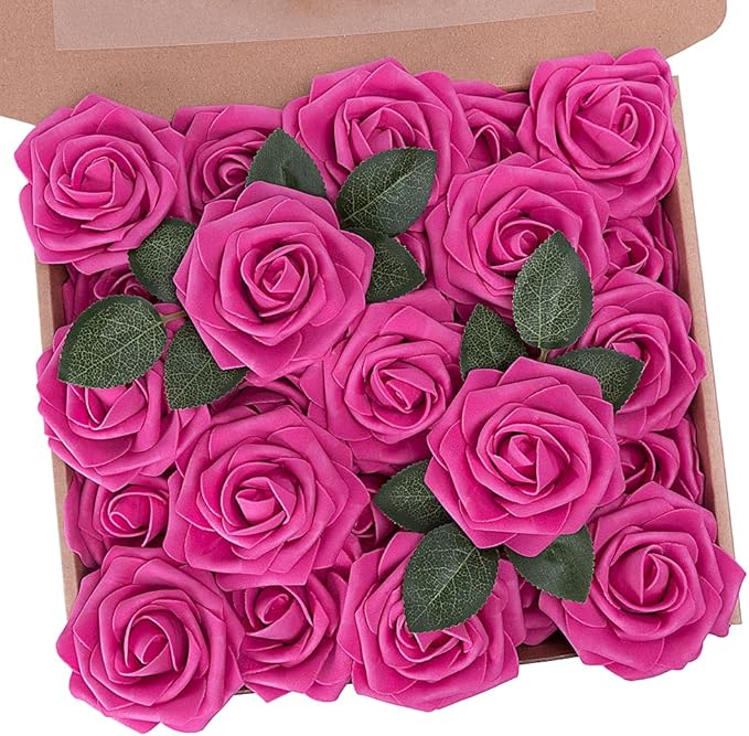 N&T NIETING Artificial Flowers, Foam Roses Perfect for Valentine's Day DIY Wedding Bridal Bouquets Centerpieces Bridal Shower Party Home Flower Arrangement Decor 25Pcs, Hot Pink