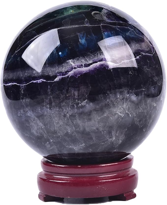 JIC Gem Large Colorful Fluorite Crystal Sphere Ball with Wooden Stand Fluorite Healing Decorative Ball 100-110mm