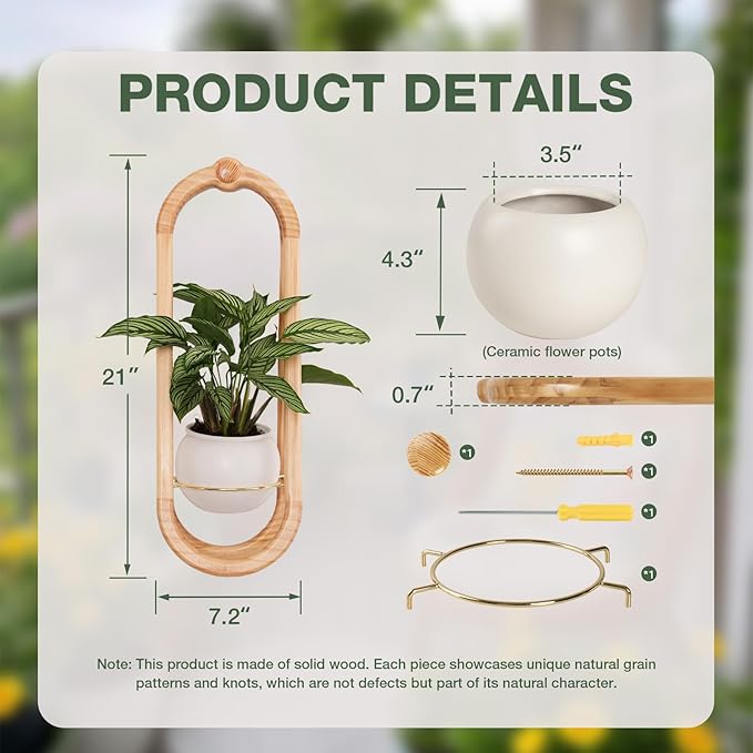 Wooden Wall Planters for Indoor with Ceramic Pot - Modern Hanging Plant stand Shelf for Indoor Plants, Wall Mounted Plant Holder for Living Room, Bedroom, Wall Decor - Raw Wood Color (Set of 1)
