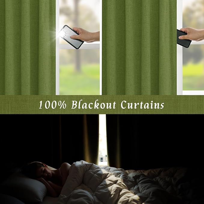 LAMIT Full Blackout Linen Curtains for Small Window, 54 Inches Thermal Bedroom Drapes Back Tab and Rod Pocket Privacy Protected Panels with White Liner, 2 Panels, 52 x 54 Inch, Olive Green