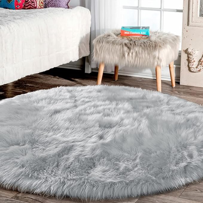 Latepis Round Area Rugs 8 Feet Grey Fuzzy Rug Fluffy Shag Throw Rugs Washable Faux Sheepskin Fur Plush Rug for Living Room Bedroom Floor Home Decor