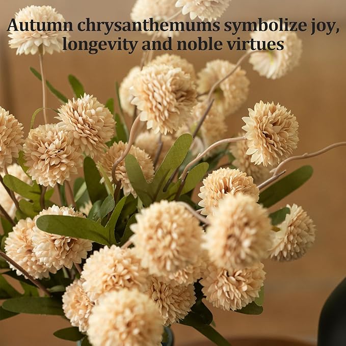 Ceramic Flower Vase Set of 3, Fake Flowers in Vase for Centerpieces with 8 Artificial Autumn Chrysanthemums Artificial Decorative Swags