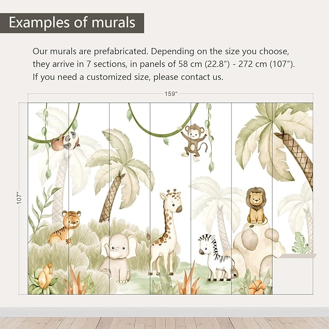 AFZEVEB-Safari Wallpaper Watercolor Animal Nursery Wall murals for Kids Room 159"x107"(Not Peel and Stick)