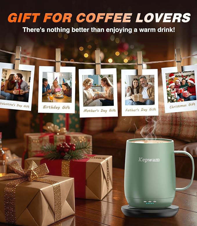 Kepwam Self Heating Coffee Mug T2, 16oz Smart Heated Coffee Mug, 150 Min Battery Life - Hot up to 149℉ Temperature Control Coffee Mug Warmer, Gifts for Dad Mom (No APP)