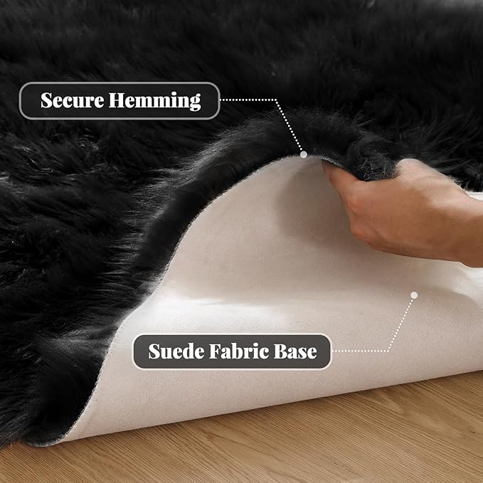 Black Round Rugs 6ft Fluffy Washable Faux Sheepskin Shaggy Fur Rugs for Bedroom Plush Shag Rug for Living Room Nursery Large Circle Rug