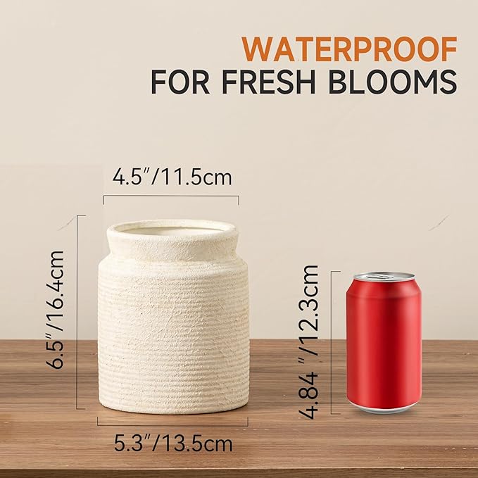 Ceramic Flower Vase 6.5 inch Farmhouse Rustic Vase for Home Decor Handcrafted Pottery Vase Small Terracotta Vases for Dining Table Decor Fireplace Living Room Bathroom Wedding Centerpiece (02-White)