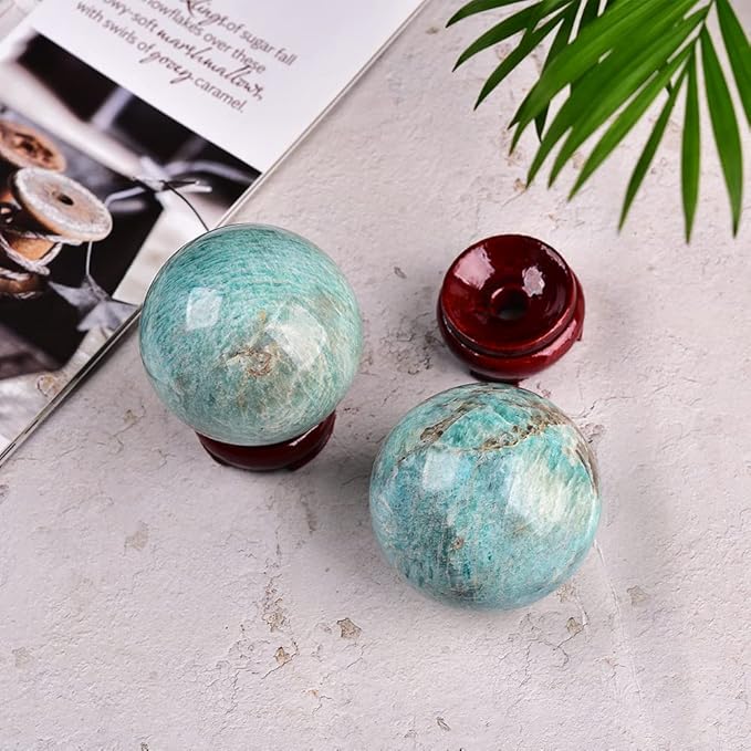 JIC Gem Amazonite Crystal Ball with Wood Stand Gemstone Sphere, Healing Crystal Balls for Reiki Chakra Decoration Fengshui (3-3.5inch)