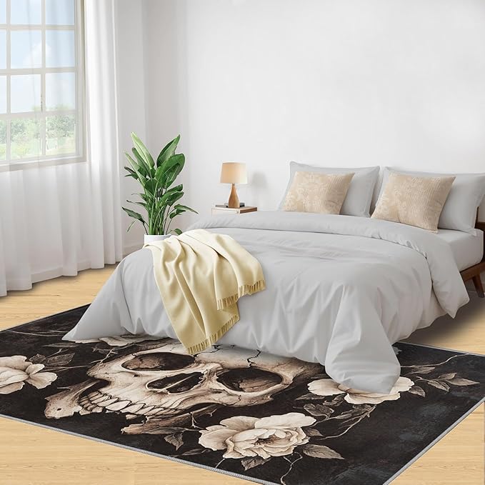 Skull Washable Rugs 5x7 Rug for Living Room, Floral 5x7 Rug Gothic Low-Pile Carpet for Bedroom Dining Non Slip Mat with Rubber Back