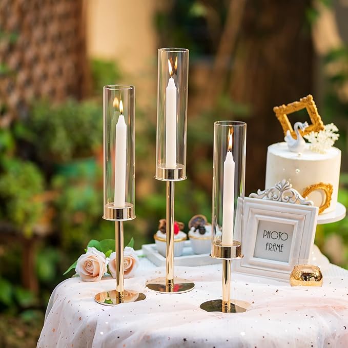 Hurricane Taper Candle Holders: Gold Glass Candlestick Holder Tall Candle Sticks Holder Decor with Glass Cover for Wedding Table Centerpiece Party Birthday Christmas Home Mantel Set of 3