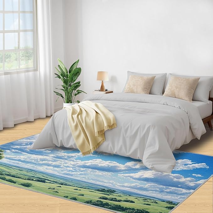 Sky and Clouds 4x5 Area Rugs for Living Room -Grassland and Pasture Washable Rug Rural Landscape Non-Slip Carpet Indoor Floor Stain Resistant Thin Carpets for Bedroom Dining Room Home Office