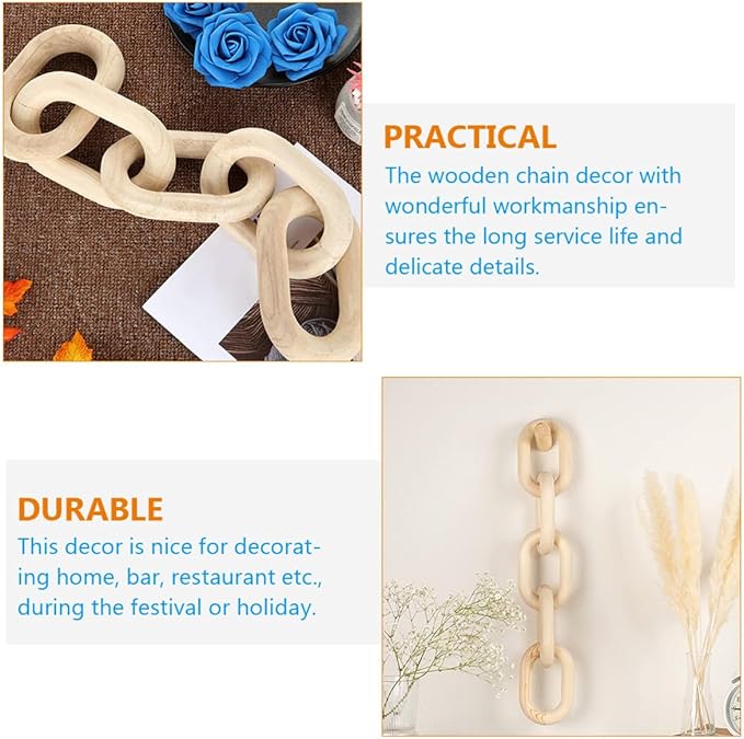 Beavorty Wooden Chain Link Hanging Ornament Small Vintage Wall Hanging Decor Rustic Handmade Home Pendant for Bedroom Living Room Farmhouse Accent