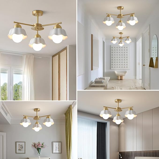 Mid Century Modern Brass Semi Flush Mount Ceiling Light 3 Lights Milk Opal Glass Ceiling Light Fixture Gold Sputnik Chandelier Light Fixture Vintage Hanging Ceiling Lights for Foyer MCL08-3 GD