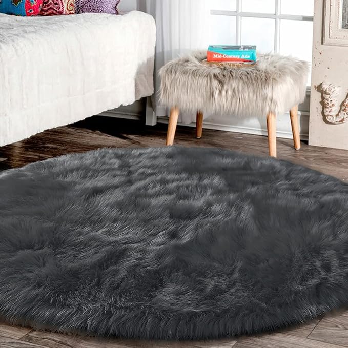 Latepis Dark Grey Round Area Rugs 8 ft Large Faux Sheepskin Fur Fluffy Washable Rug for Living Room Shag Soft Shaggy Rug for Bedroom Accent Room Carpet