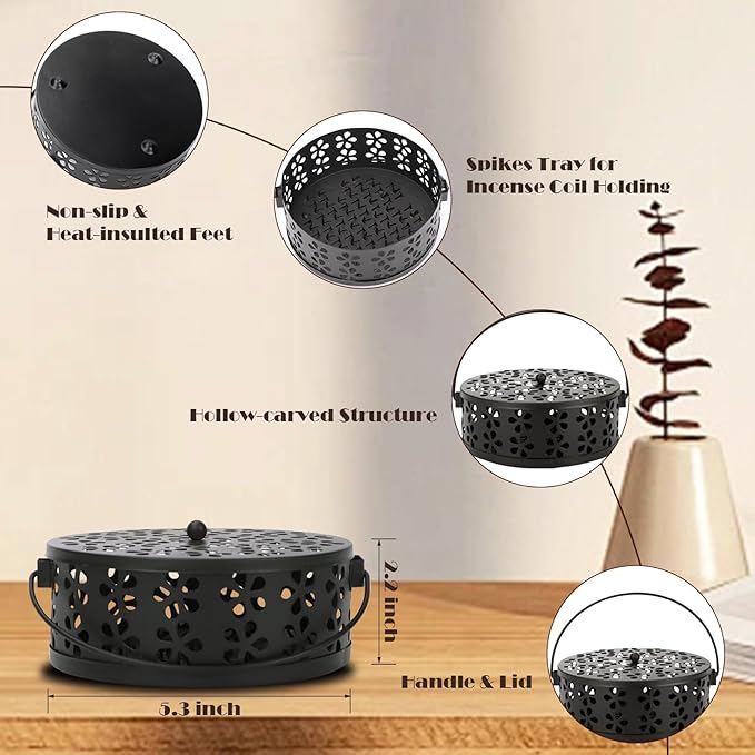 Mosquito Coil Holder Indoor Outdoor Portable Incense Coil Burner for Patio Camping (Black)