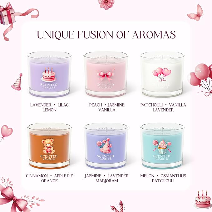 Birthday Candles, Scented Candles Gift Set for Stress Relief, 6 Votive Candles for Women and Men, Birthday Candle Gifts for Women (6 Colors, 14 oz)