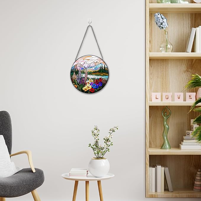 Valley Stained Glass Window Hanging, 7.8" Round Sun Catcher Hand Painted Wall Art Decor with Chain, Unique Housewarming Gifts for Couples, Home