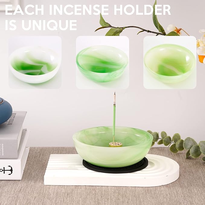 Incense Holder, Multi-Purpose Design Agate Incense Burner ash Catcher with Brass 9 Holes Incense Stick Holder for Home Decor Yoga Spa Madiation (Agate Green)
