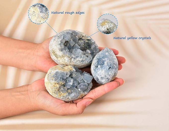 AMOYSTONE Crystal Decorative Easter Eggs 2-2.5" Natural Blue Celestite Egg Sphere Carved for Healing Reiki, Meditation Home Decor, Gardening Decor