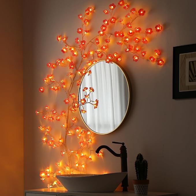 Cherry Blossom Lights with Remote, 7.5 Ft 144 Flowers Enchanted Willow Vine Lights, 18 Branches 144 LEDs Lighted Willow Vine Tree Lights for Walls Bedroom Home Room Decor, White Branch