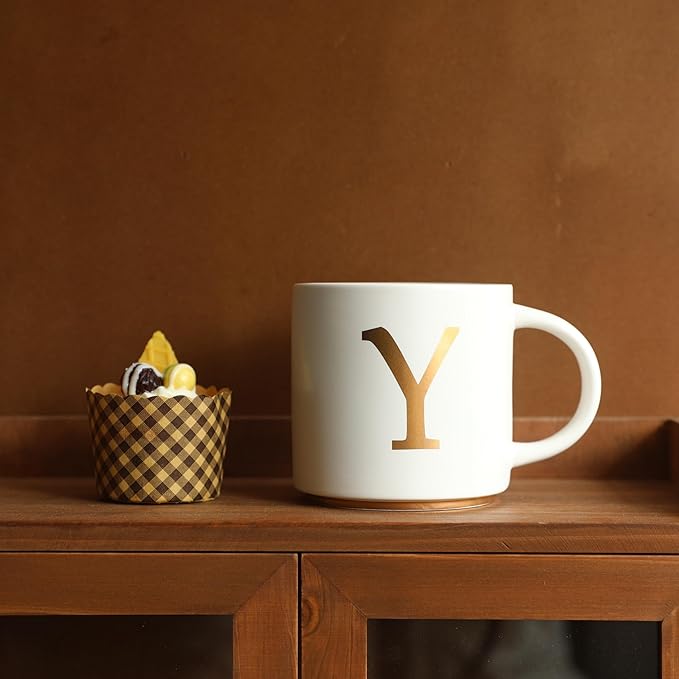 COLLECTIVE HOME - Monogram Ceramic Mugs, 15 oz Golden Initial Coffee Cups, Elegant Alphabet Tea Mugs, Elegant Personalized Mug with Gift Box, Unique Mug with Double Side Capital Letter (Y)