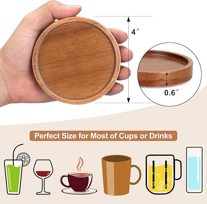 Rustic Wooden Coasters Set of 8 Farmhouse Coffee Table Decor Acacia Wood Drink Coaster with Holder Modern Outdoor Bar Cool Cup Costers Kitchen Accessories Decoration Home Dining Coasters Gift