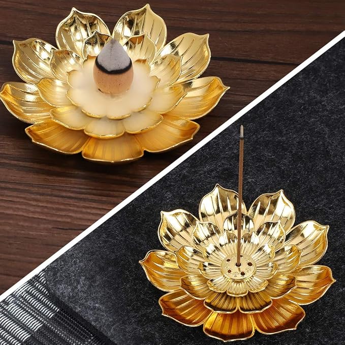 Accmor Zinc Alloy Incense Holder, Lotus Stick Incense Burner, Incense Holder for Stick/Coil/Cone Incense with Ash Catcher, Gold, 2 Pack
