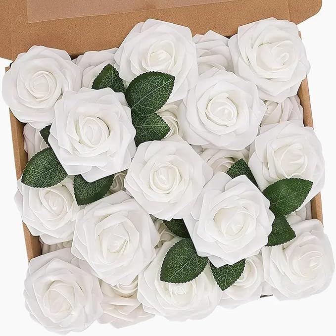 N&T NIETING Artificial Flowers, 25pcs Fake Flowers White Rose Perfect for DIY Wedding Bridesmaid Bridal Bouquets Centerpieces Home Flower Arrangement Decoration