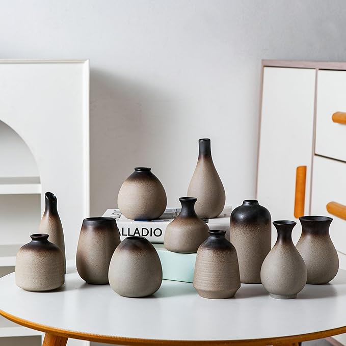 Tanvecle Rustic Ceramic Bud Vase Set of 11, Small Vases for Pampas Grass, Flowers, Modern Farmhouse for Home Decor, Vintage Decor, for Living Room, Dining Table & Shelves