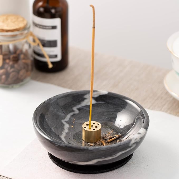 Incense Holder, Beautiful Natural Marble Incense Burner for Meditation, 9 Incense Holes Suitable for Most Types (Black)