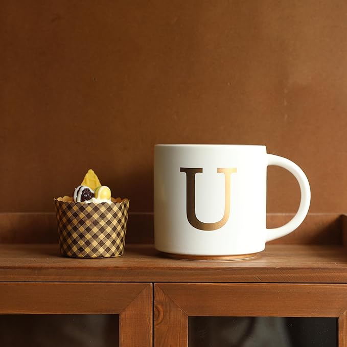 COLLECTIVE HOME - Monogram Ceramic Mugs, 15 oz Golden Initial Coffee Cups, Elegant Alphabet Tea Mugs, Elegant Personalized Mug with Gift Box, Unique Mug with Double Side Capital Letter (U)