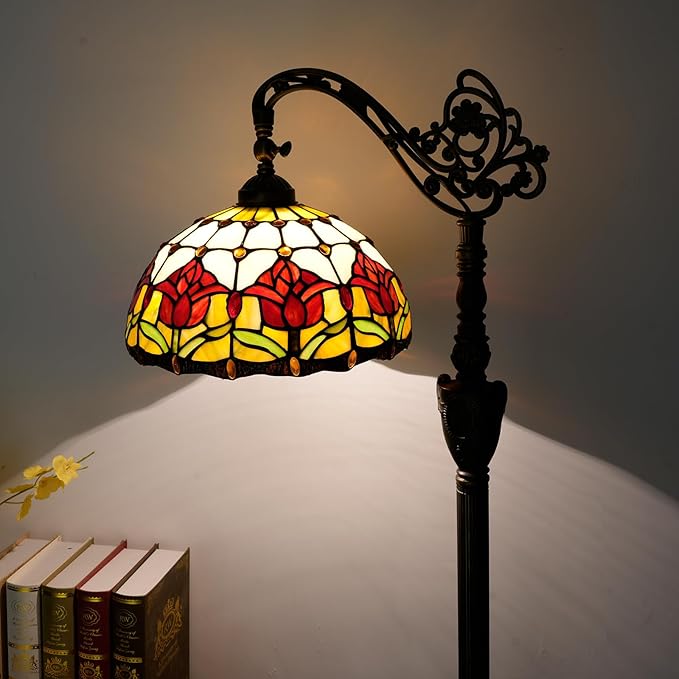 Tiffany Floor Lamp Vintage Standing Lamp Red Tulip Style Stained Glass Floor Light Rustic Corner Gooseneck Floor Lamp with Adjustable Angle for Home Decor Living Room Bedroom 12X12X63 Inches