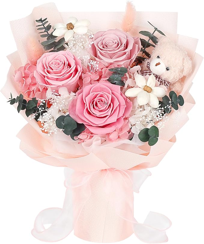 Preserved Flowers Bouquet with Bear, 3 Real Forever Flowers for Delivery, Long-Lasting Pink Eteranl Roses Bouquet, Anniversary Birthday Valentine Gifts for Women Mom Grandma Her Wife Girlfriend