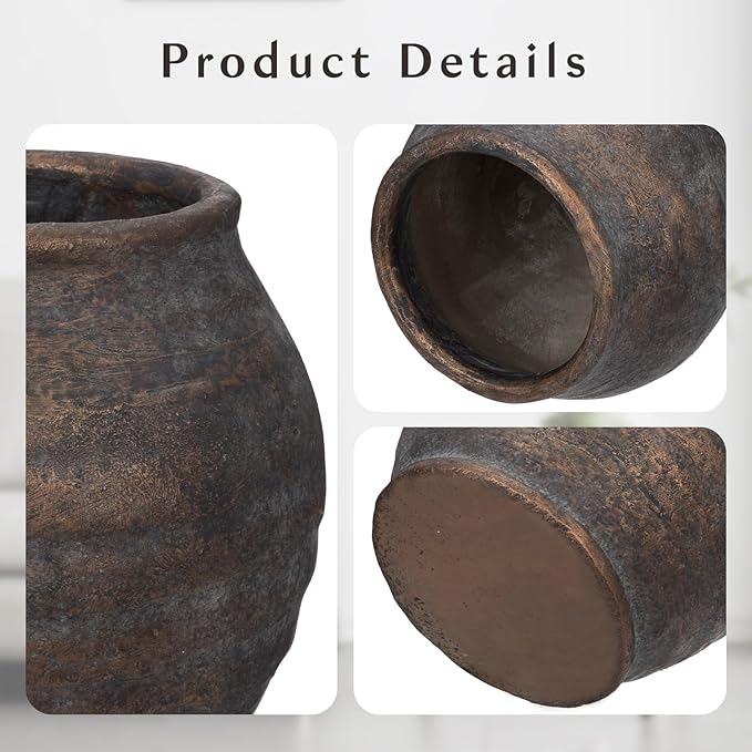 Briful 5.91'' Large Ceramic Rustic Vase Shabby Vintage Textured Vase, 4.72'' Wide Mouth Pampas Jar Vase Pottery for Fake Flowers Branches, Farmhouse Home Décor, Weddings Shelf Table Decor, Brown