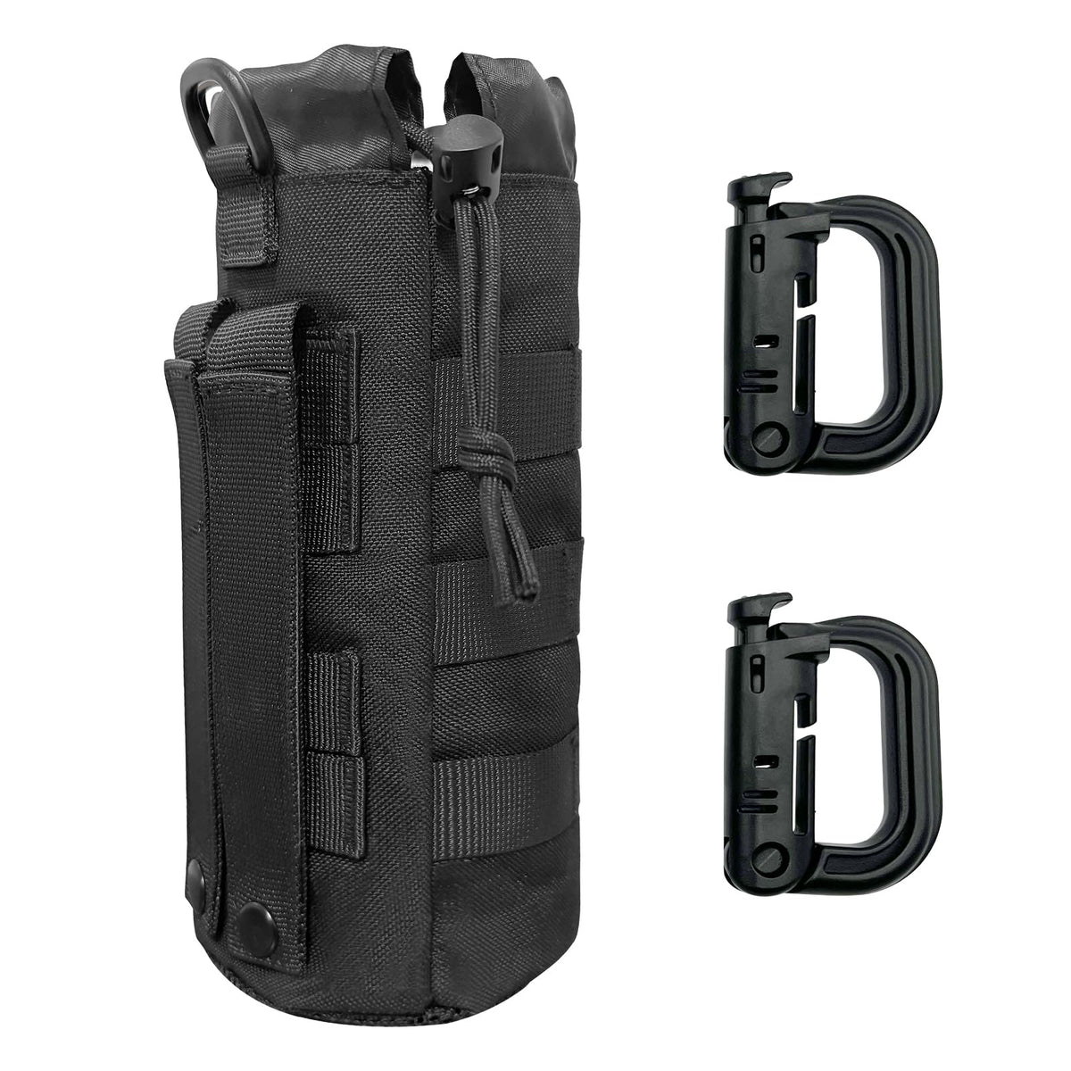 Tanzueji Upgraded Sports Tactical MOLLE Water Bottle Pouch with 2 Carabiners, Drawstring Open Top & Mesh Bottom Travel Hydration Carrier for Outdoor Hiking Camping