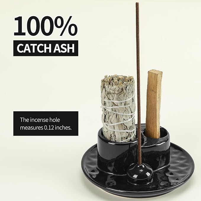 Palo Santo Sticks Holder, Multi-Purpose Handmade Ceramic Incense Burner for Palo Santo Incense Sticks, Sage Holder for Burning, Ash Catcher Tray for Meditation Yoga Room (Black)