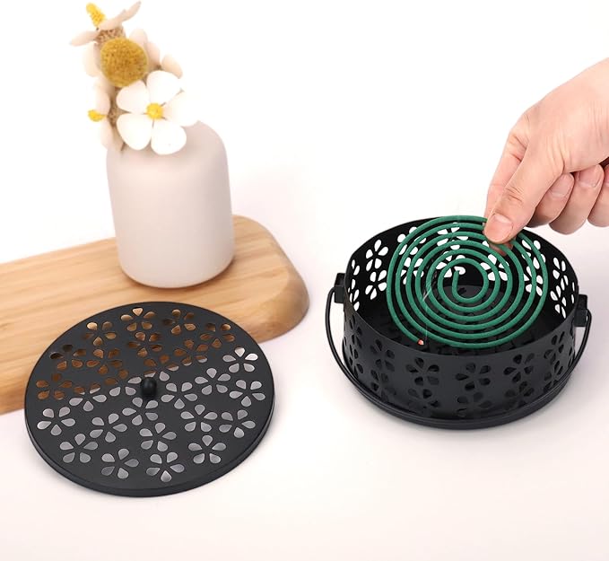 Mosquito Coil Holder 2 Pack Citronella Incense Coil Holder Outdoor Steel Round Mosquito Coil Burner Tray with Handle and Lid (Black/Bronze)