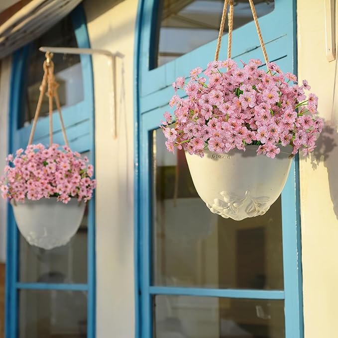 Outdoor Artificial Flowers 21 UV Resistant Bundles Fake Flower Plastic Plants Faux Silk Flowers Porch Hanging Garden Porch Window Box Decorating (Pink)