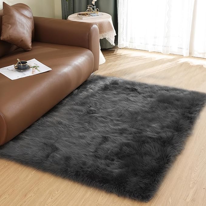 Latepis Dark Grey Fur 3x5 Area Shaggy Bedside Faux Sheepskin Rug for Bedroom Washable Furry Rugs Fuzzy Rug for Living Room Sofa Cushion Luxury Home Decor
