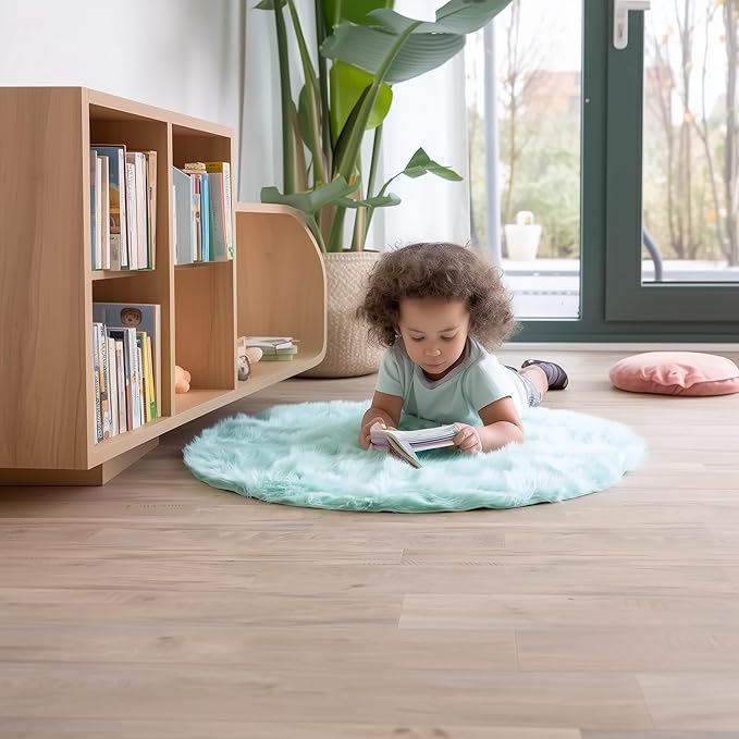 3 ft Round Fluffy Mint Green Rug – Plush Faux Fur Rug for Bedroom, Living Room, or Nursery – Cozy Faux Sheepskin Home Decor